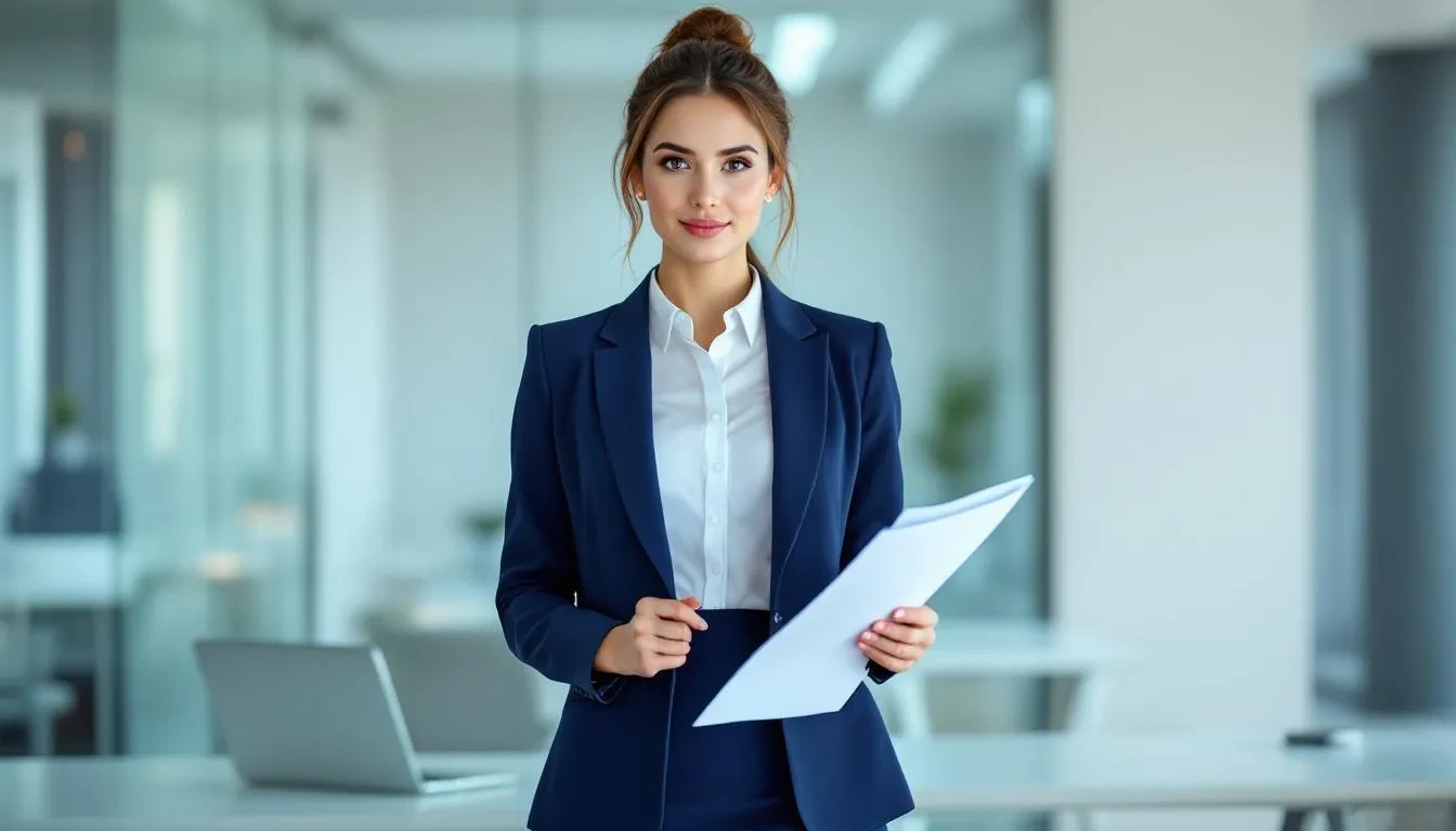 A professional woman in business attire stands confidently in a modern office, holding a resume that showcases her skills and achievements. The setting suggests a focus on career advancement, with the potential for a free CV review to optimize her application for hiring managers.